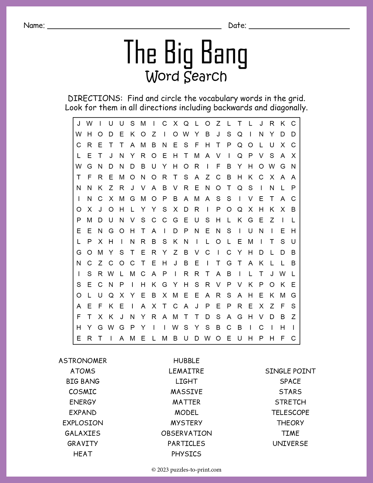 Free Printable The Big Bang Word Search