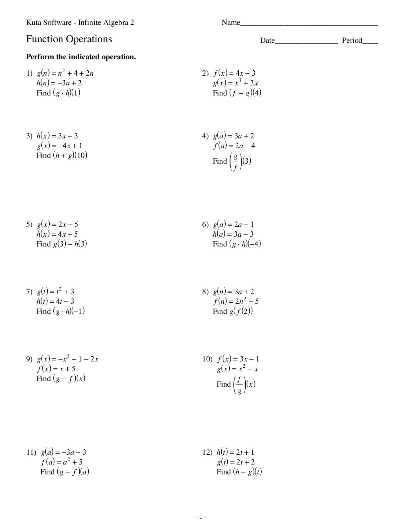 Function Operations Worksheet With Solutions Exercises Mathematics Docsity