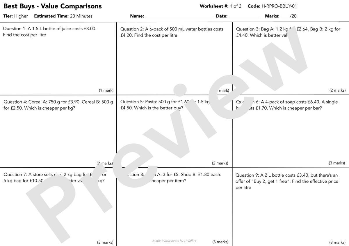 GCSE Maths Worksheet Best Buys Value Comparison Higher Tier Teaching Resources GCSE Maths Worksheet Best Buys Value Comparison Higher Tier Teaching Resources