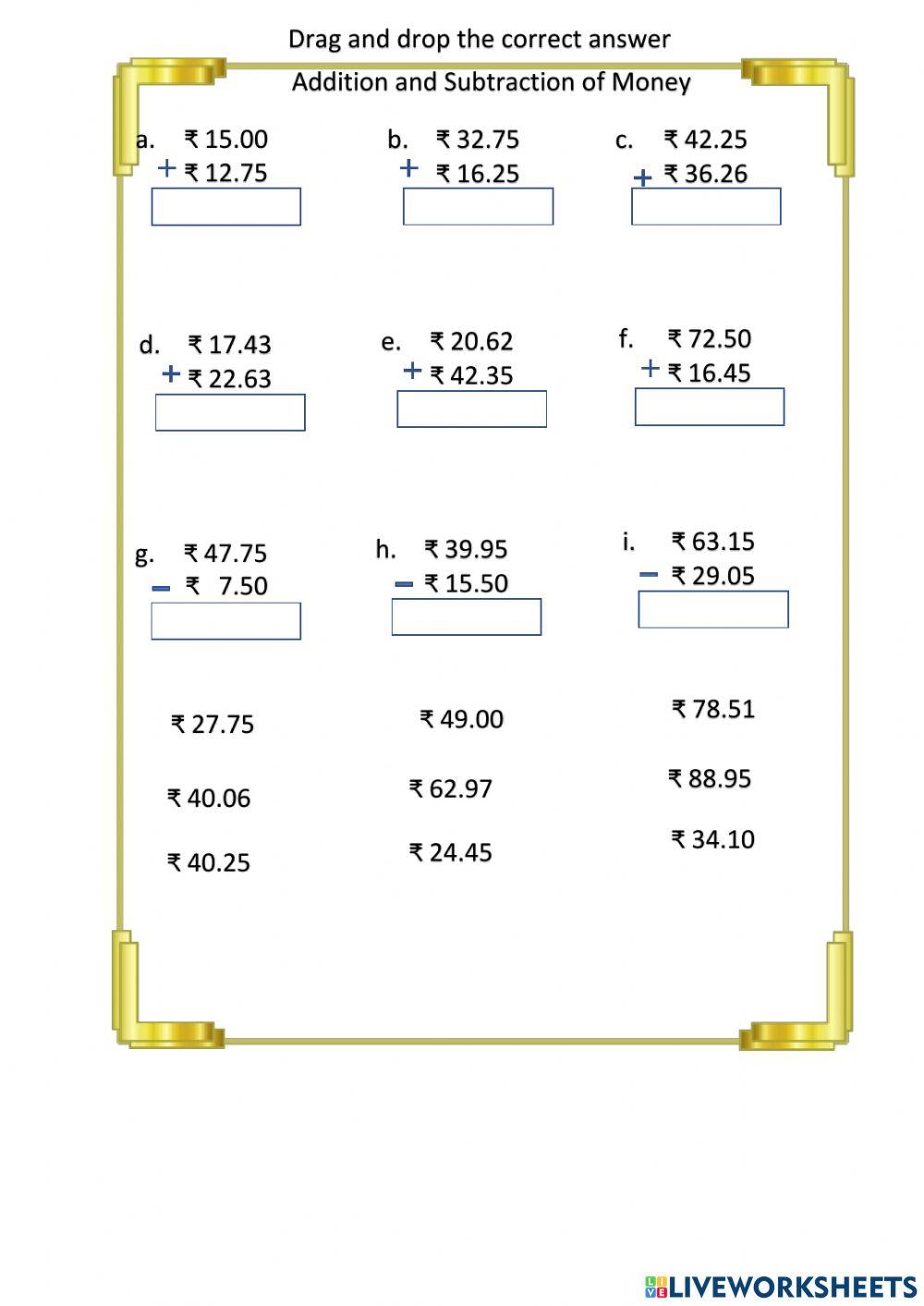 Grade 3 Addition And Subtraction Of Money Worksheet Worksheets Library