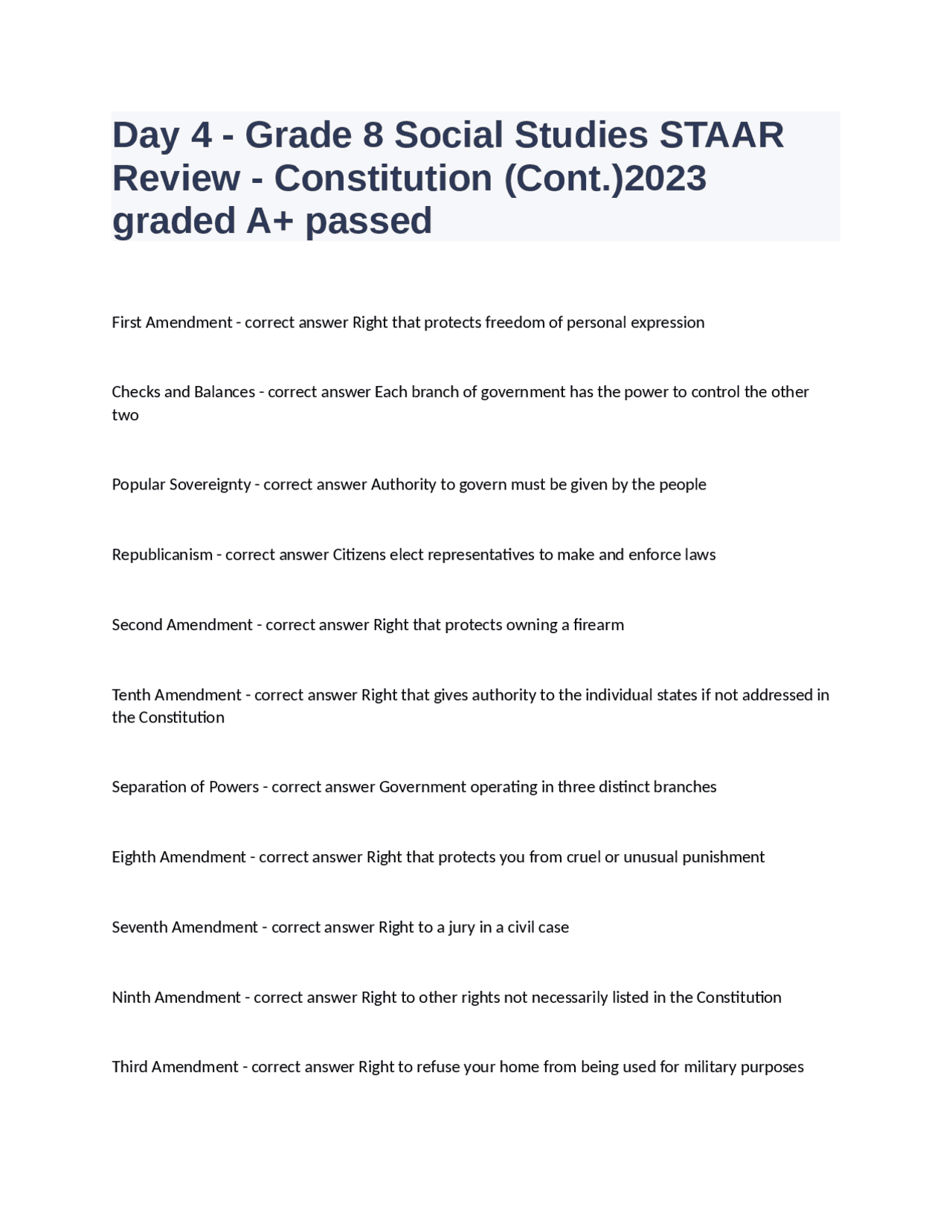 Grade 8 Social Studies STAAR Review The US Constitution Exams Nursing Docsity