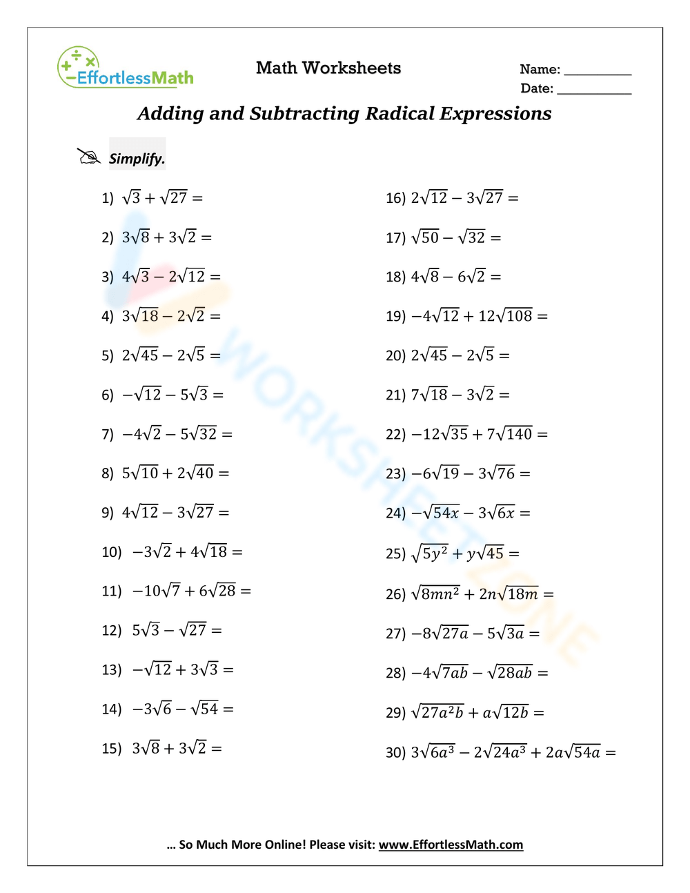 Grade 9 Adding And Subtracting Radicals Worksheets 2024 Worksheets Library