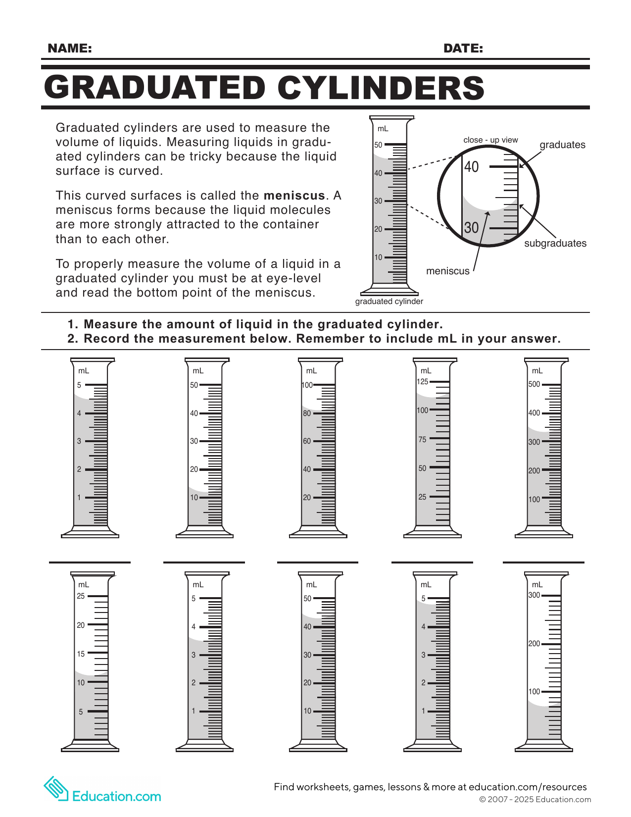 Graduated Cylinders Measuring Liquid Volume Worksheet