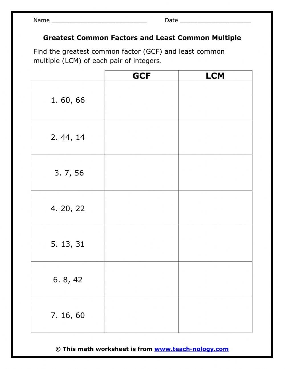 Greatest Common Factors And Least Common Multiples Activity 1 4 Worksheets Library