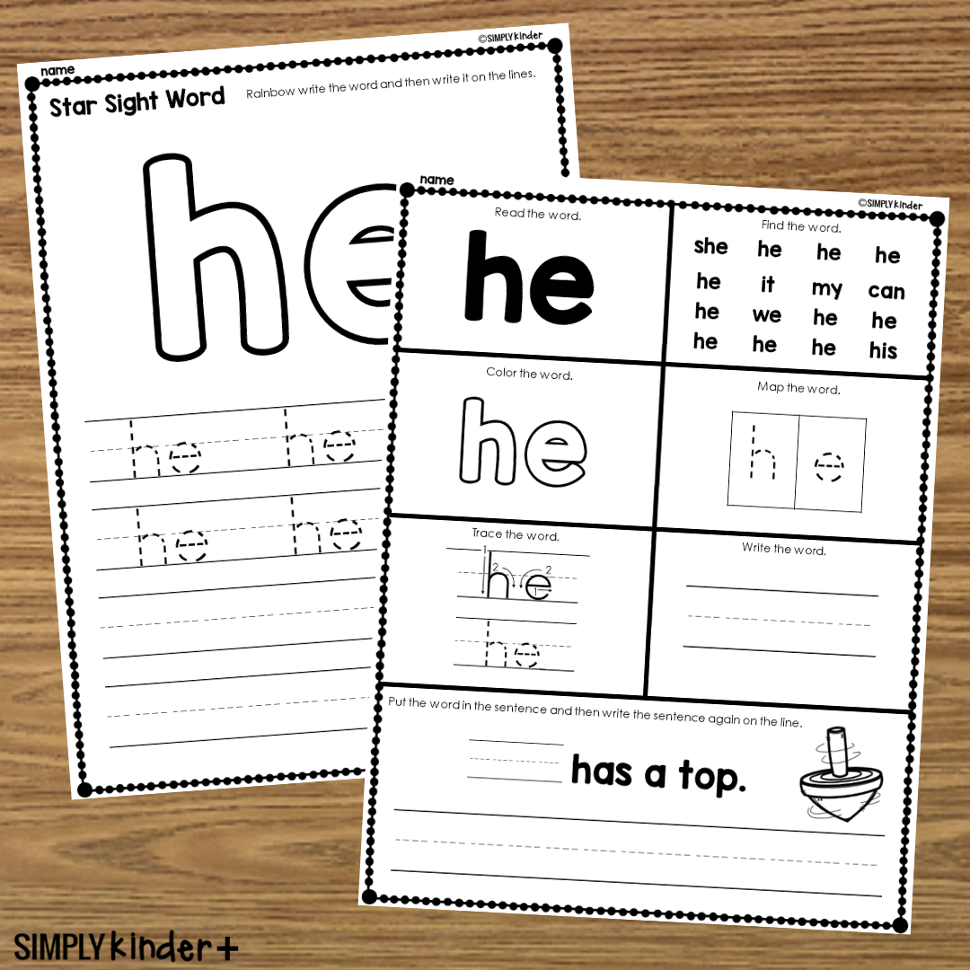 He Sight Word Printable Activities Simply Kinder Printable Membership