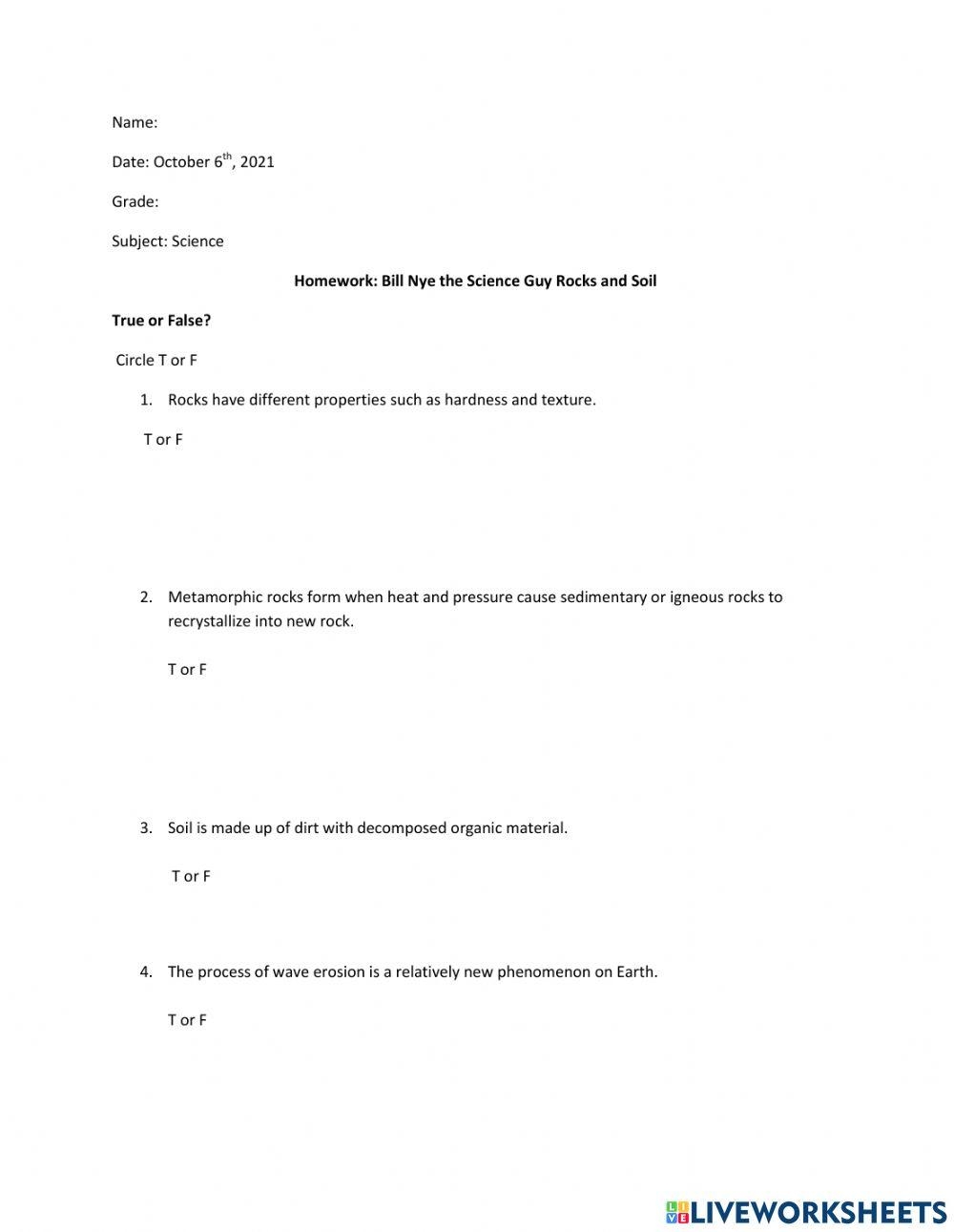Homework Bill Nye The Science Guy Rocks And Soil Online Exercise Worksheets Library