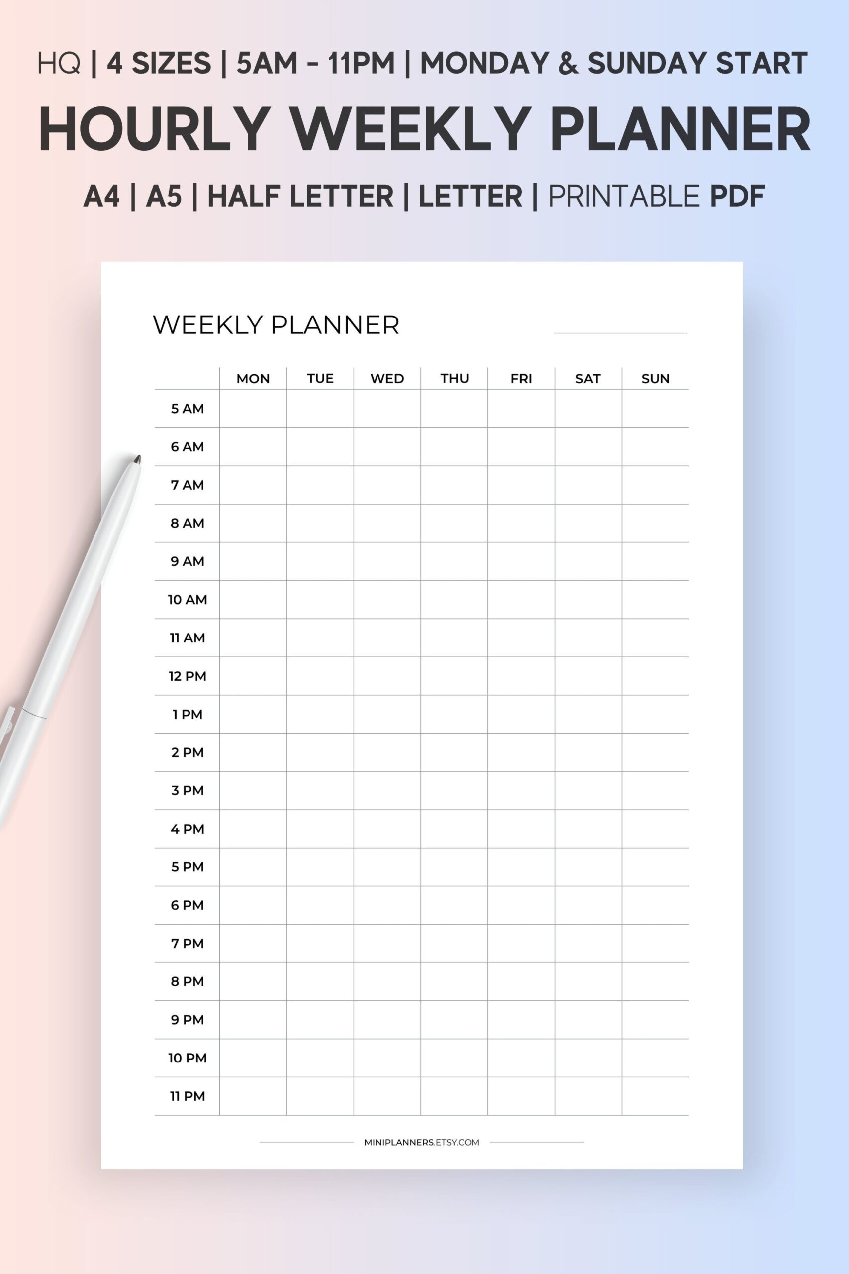 Hourly Weekly Planner 5AM 11PM Schedule Template PDF Etsy