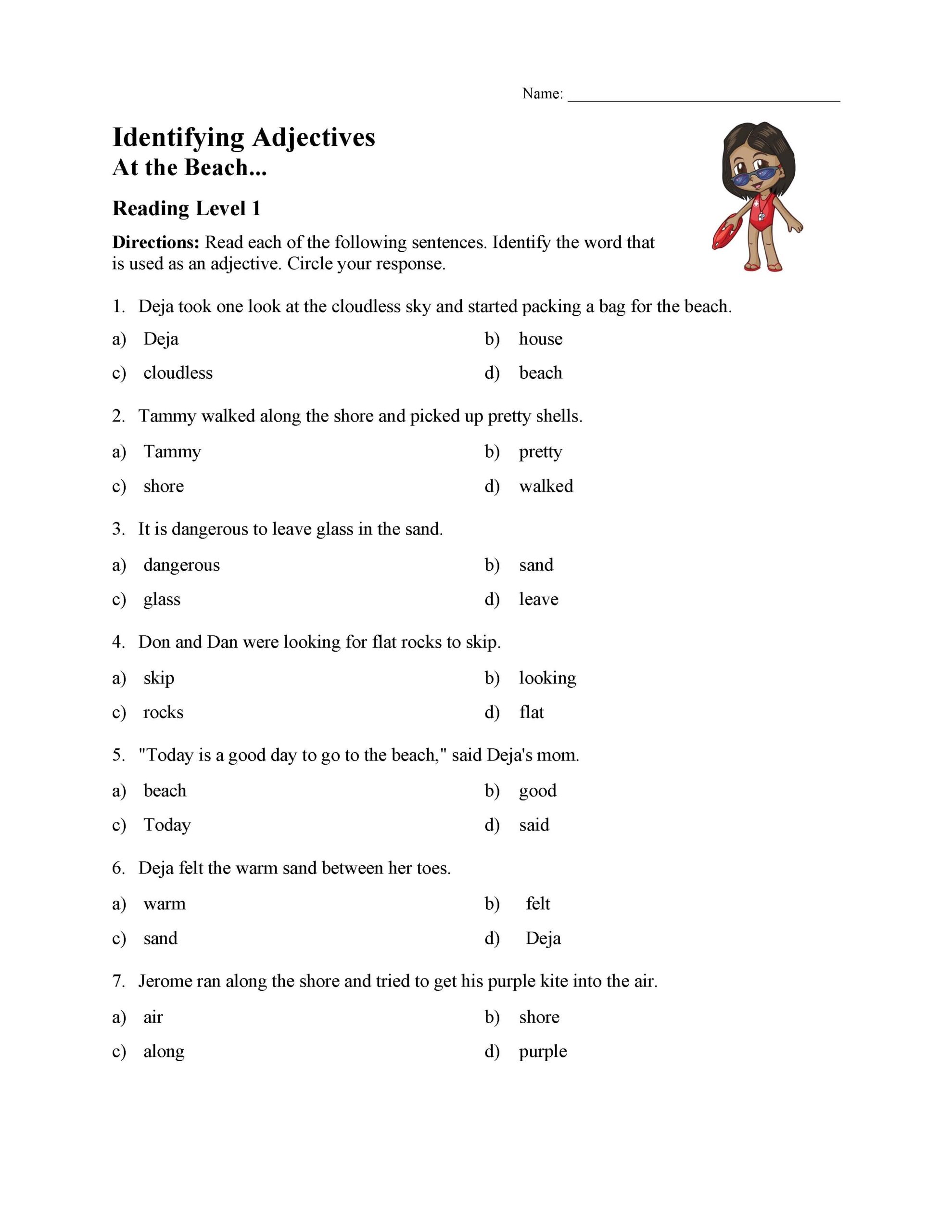 Identifying Adjectives Test 1 Reading Level 1 Preview