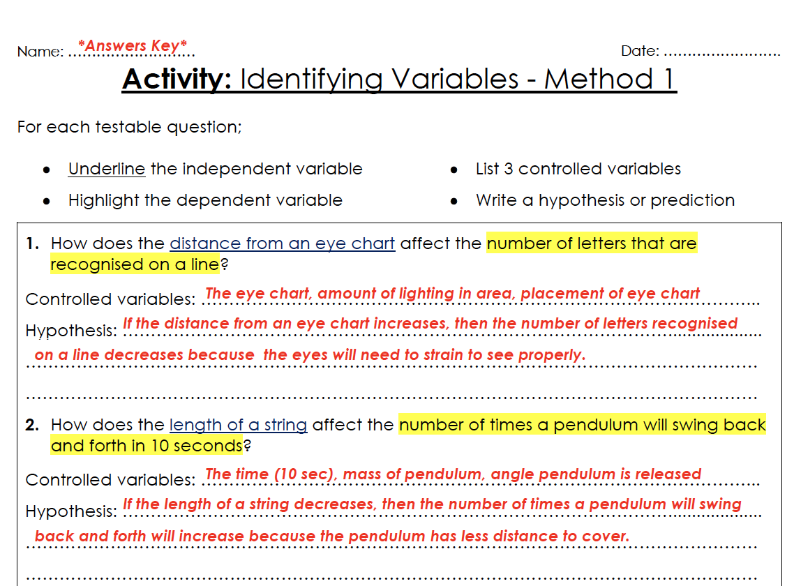 Identifying Variables Worksheet Answers Teaching Resources