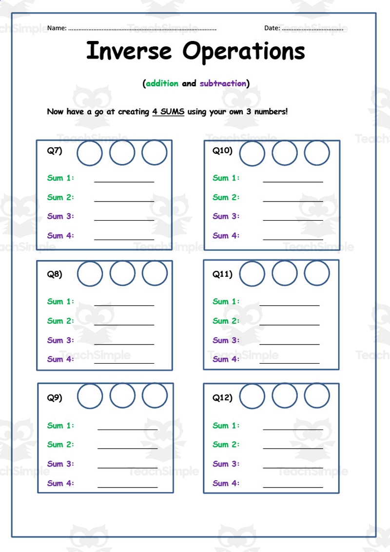 Inverse Operations Addition And Subtraction Worksheet By Teach Simple Inverse Operations Addition And Subtraction Worksheet By Teach Simple