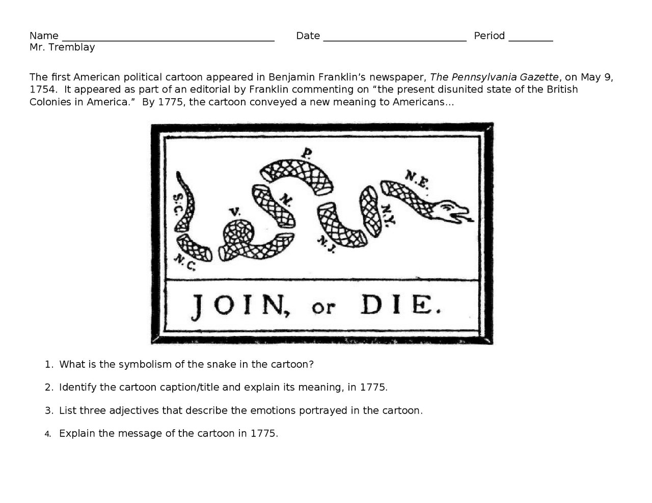 Join Or Die Political Cartoon Analysis Assignments History Docsity