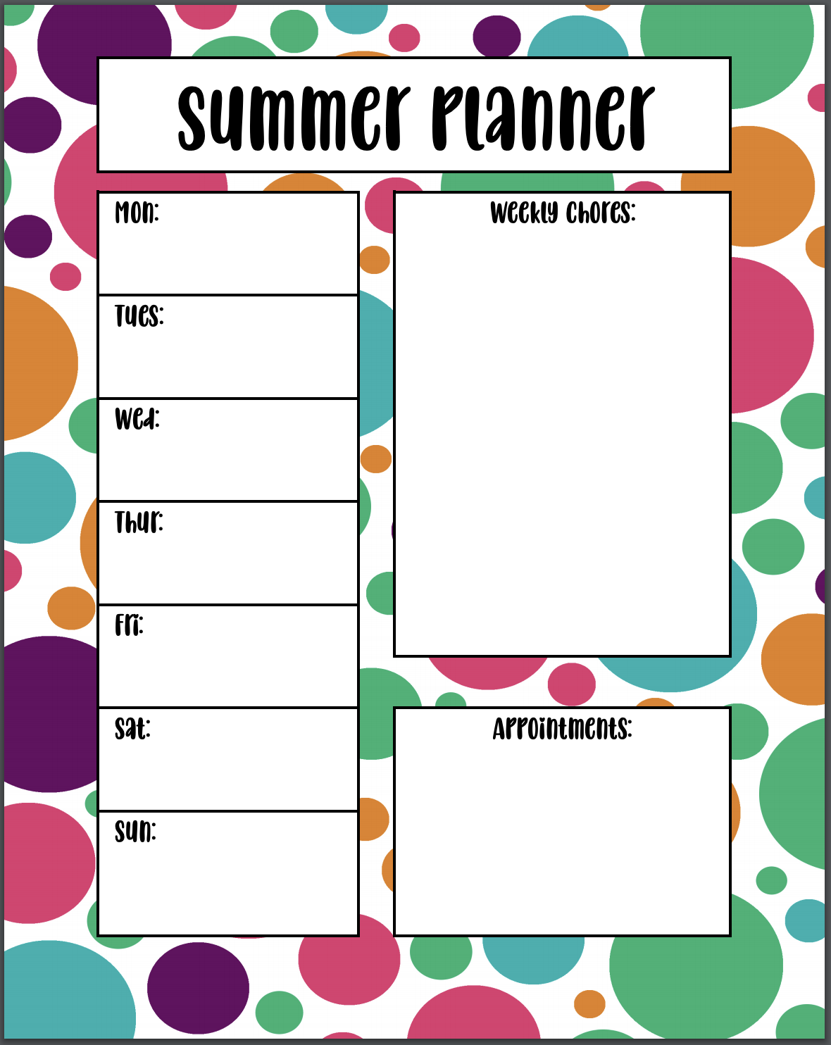 Kids Summer Daily Planner Chore Chart 8 Page PDF