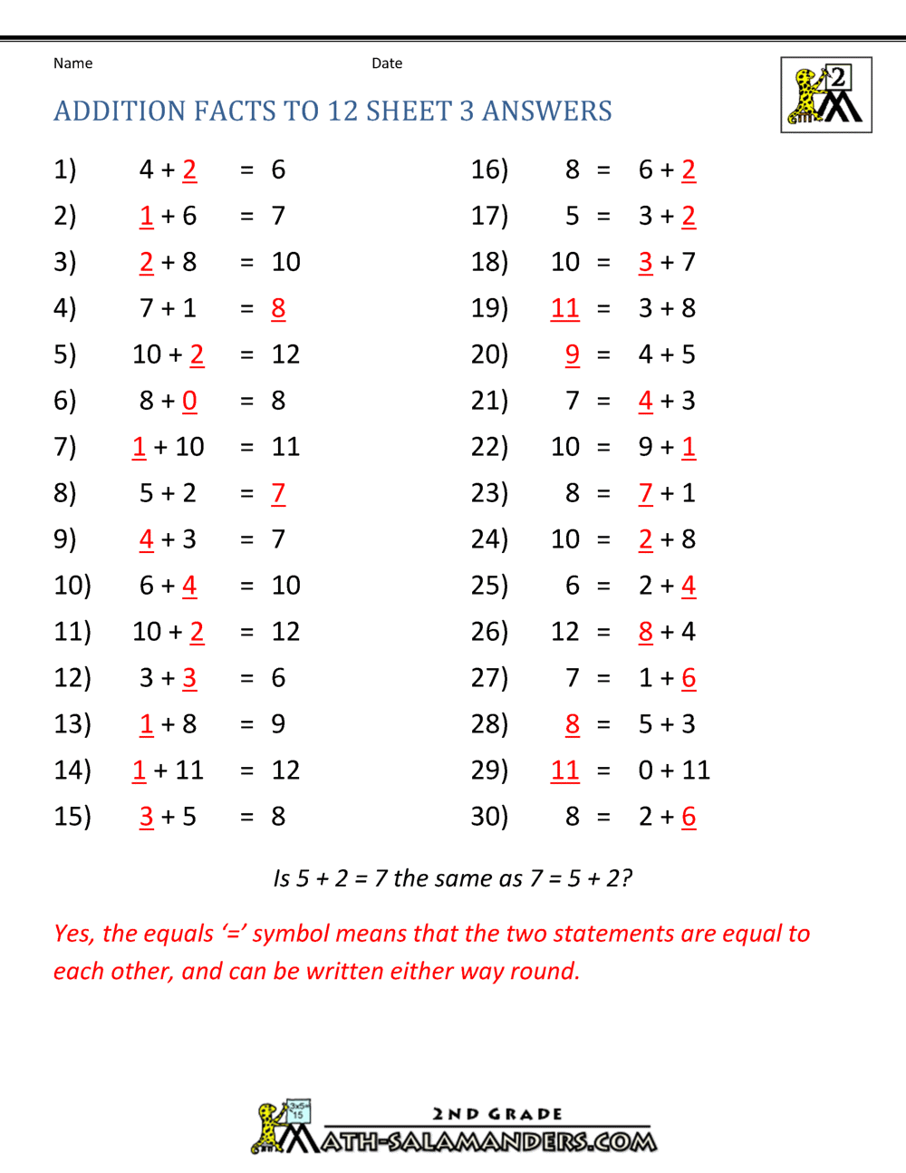 Learning Addition Facts To 12