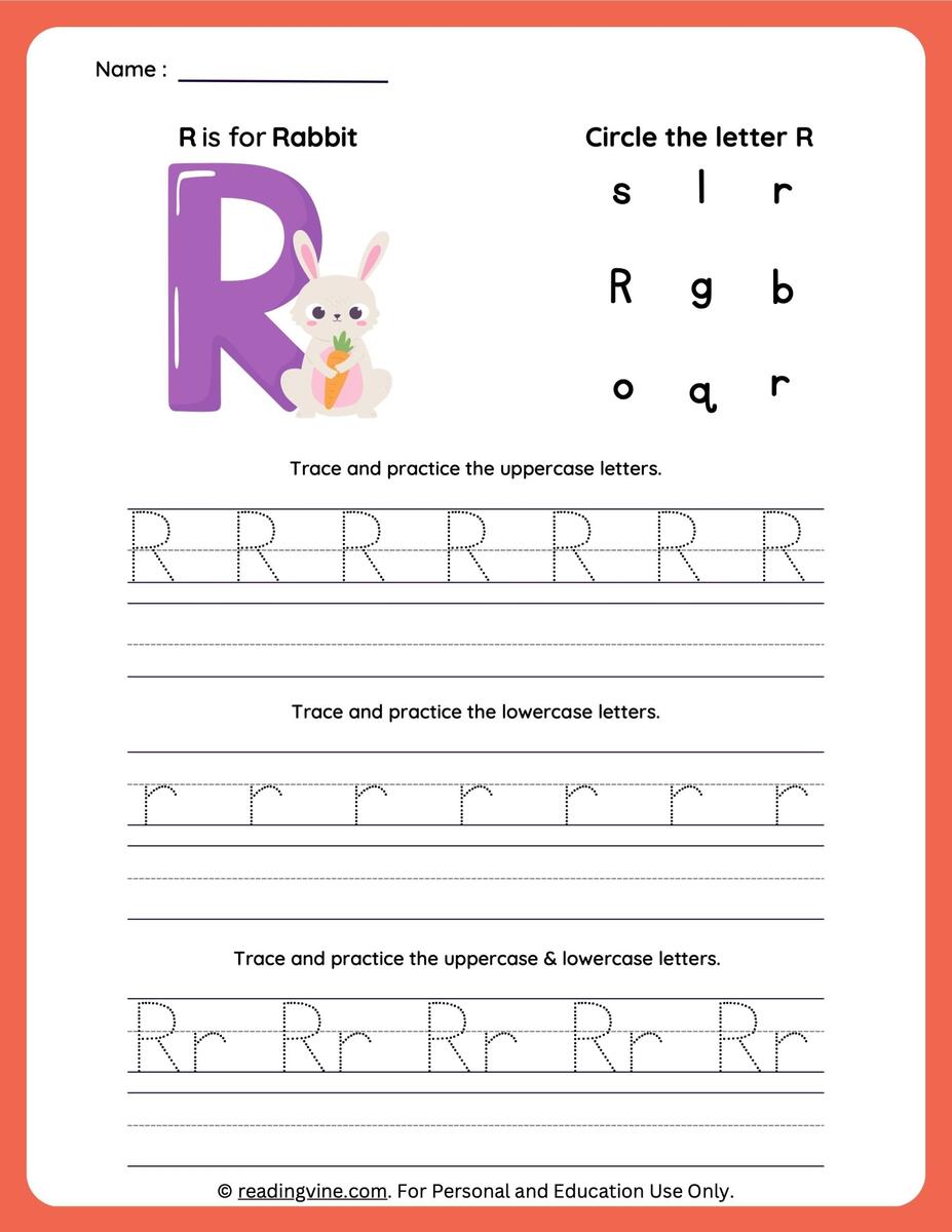 Kids Under 7 Letter R Practice Writing Worksheet
