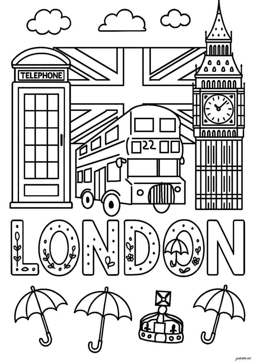 London Double Decker Buses Big Ben And Other English Symbols City Coloring Pages