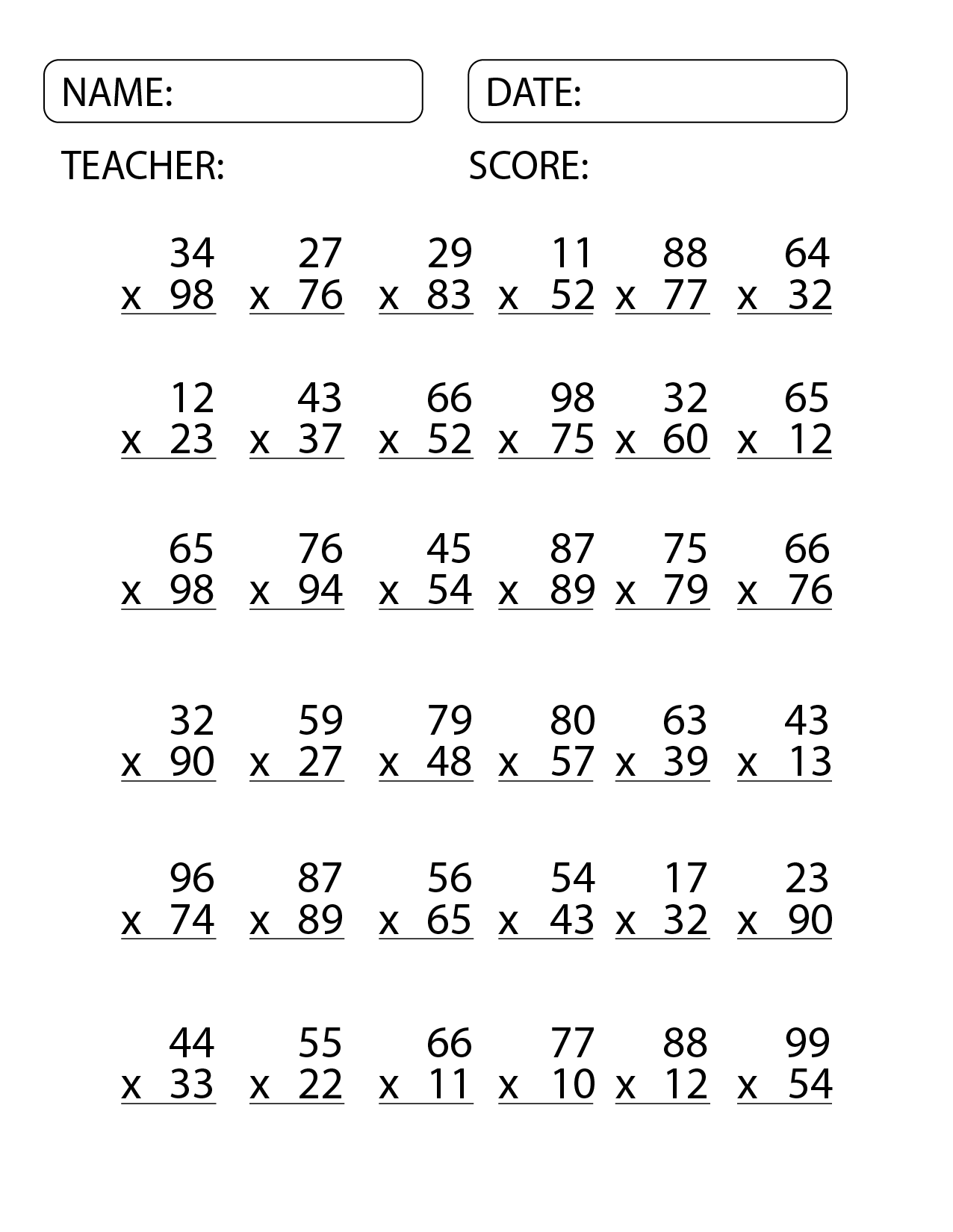 Double Digit Multiplication Worksheets 4th Grade