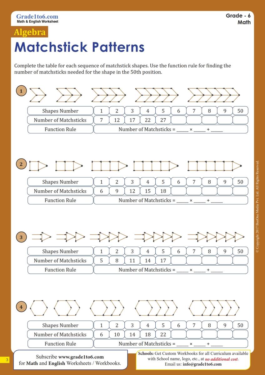Matchstick Patterns Worksheets Grade1to6