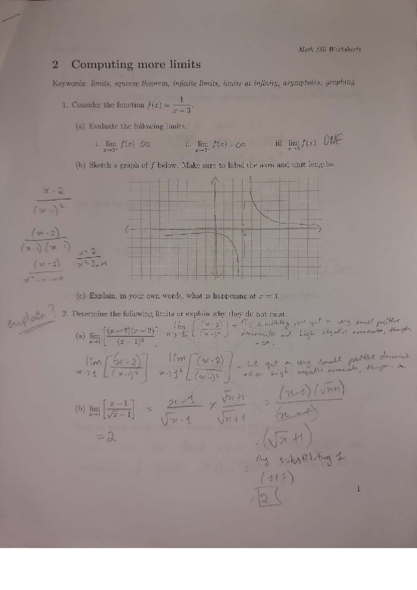 Math 180 Worksheets 2 Advanced Limits And Asymptotes Studocu