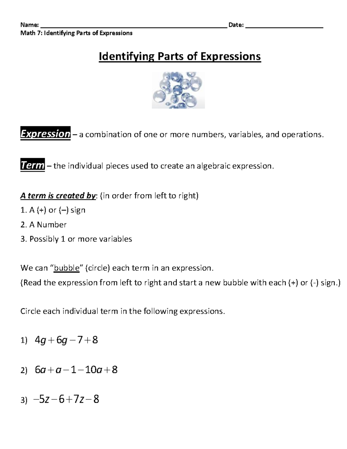 Math 7 Identifying Parts Of Expressions Worksheet Studocu