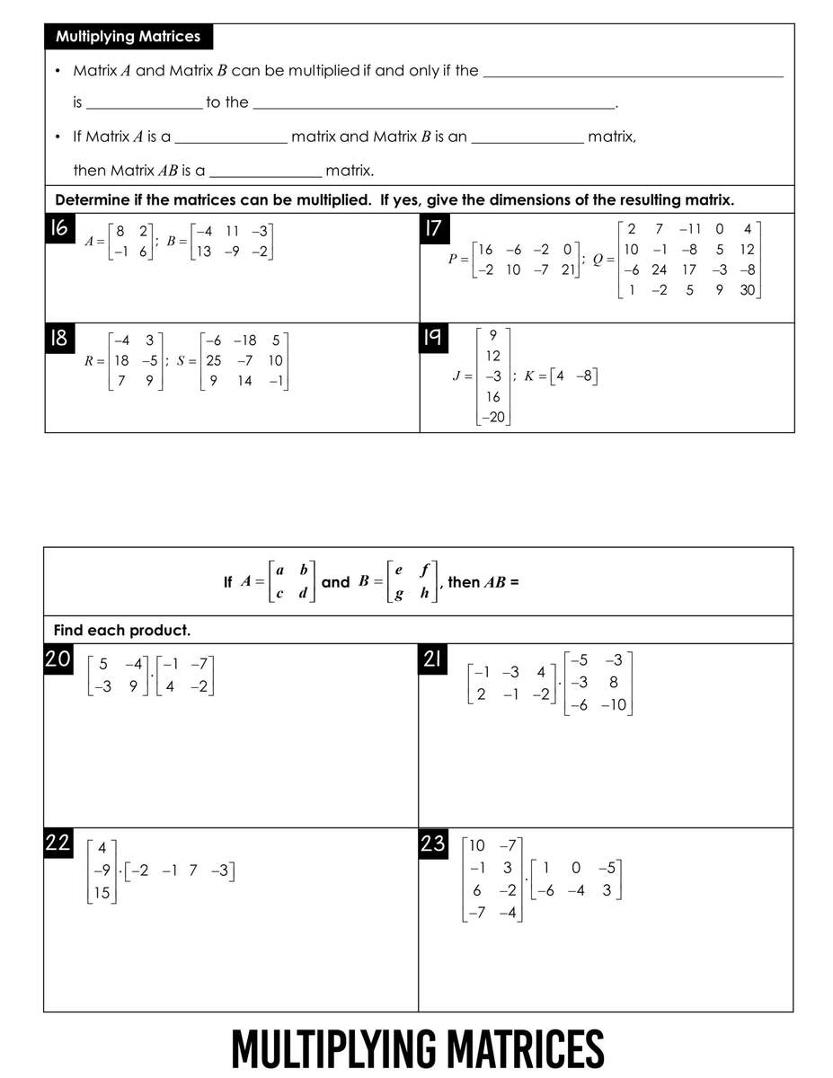 Matrices Flip Book All Things Algebra