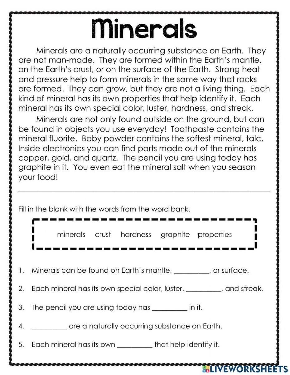 Minerals Passage Worksheet Worksheets Library Free Reading Passage Minerals PDF By Teach Simple