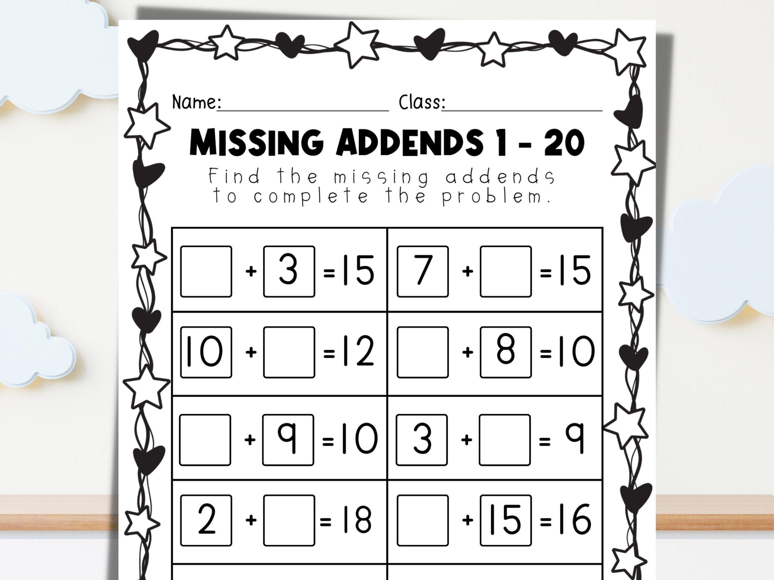 Missing Addends 1 20 Worksheet Math Practice Digital Download Etsy Israel
