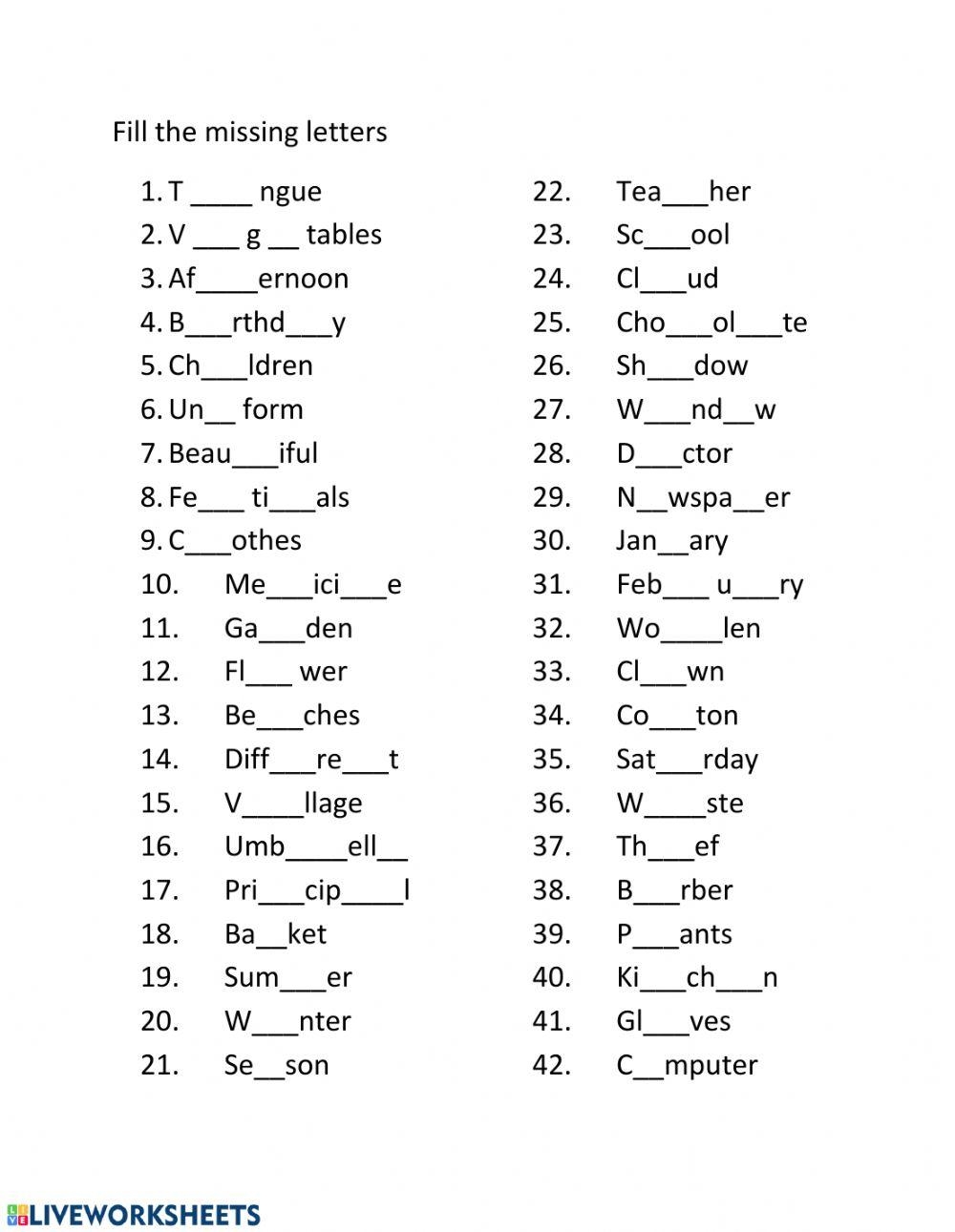 Missing Letters Interactive Worksheet Worksheets Library