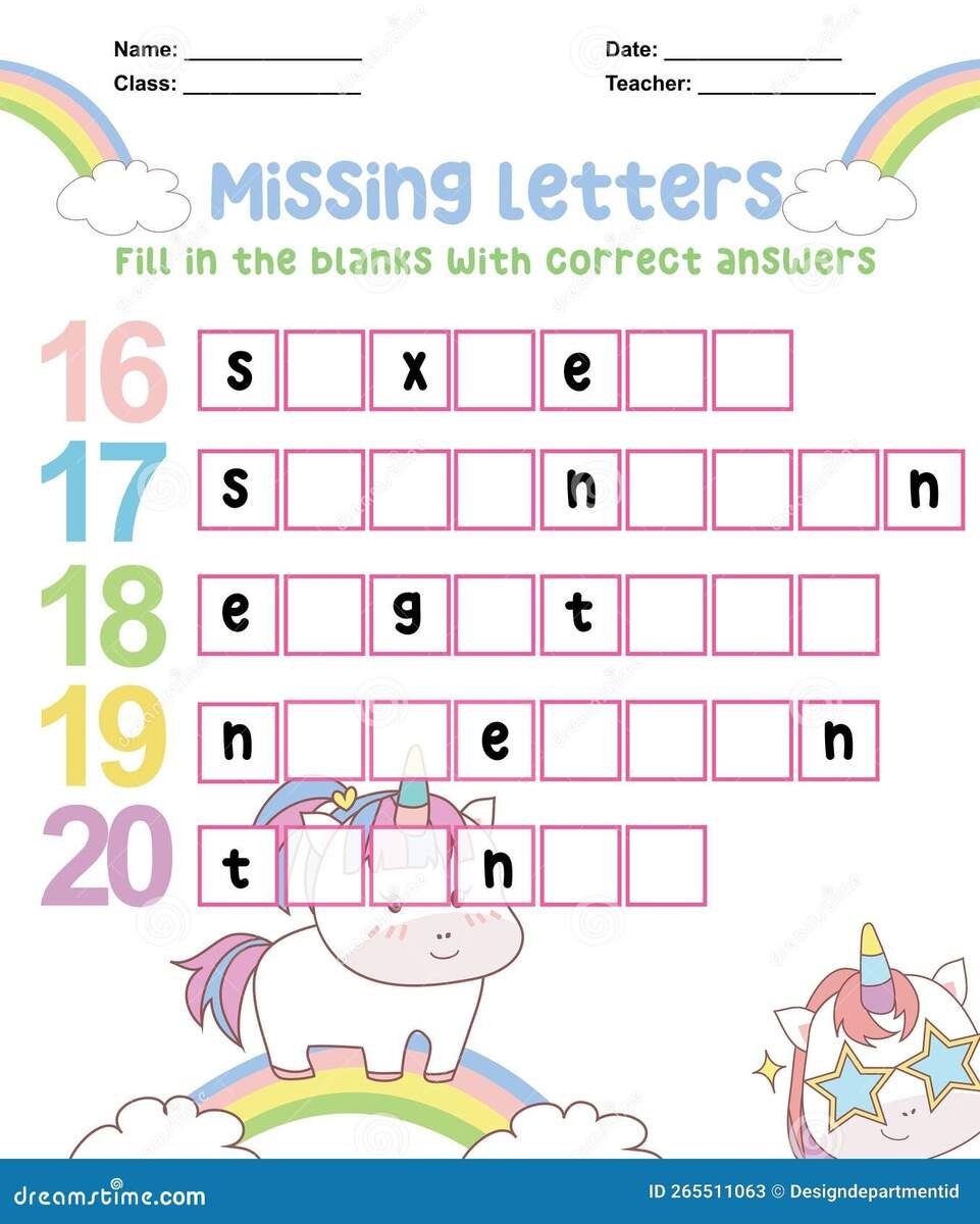 Missing Letters Worksheet Complete The Letters Of The Numbers In English Kids Educational Game Stock Vector Illustration Of Unicorn Play 265511063