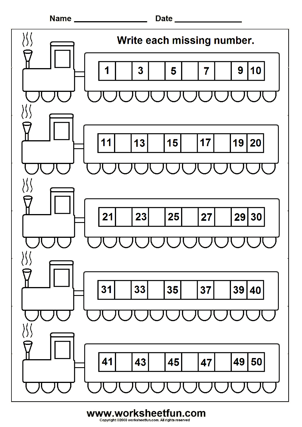 Missing Numbers 1 50 Seven Worksheets FREE Printable Worksheets