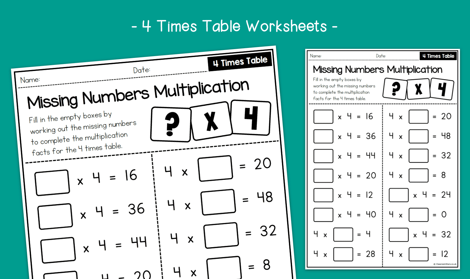 Missing Numbers Multiplication 4 Times Table Activity Worksheets KS2 Multiplication Primary Maths