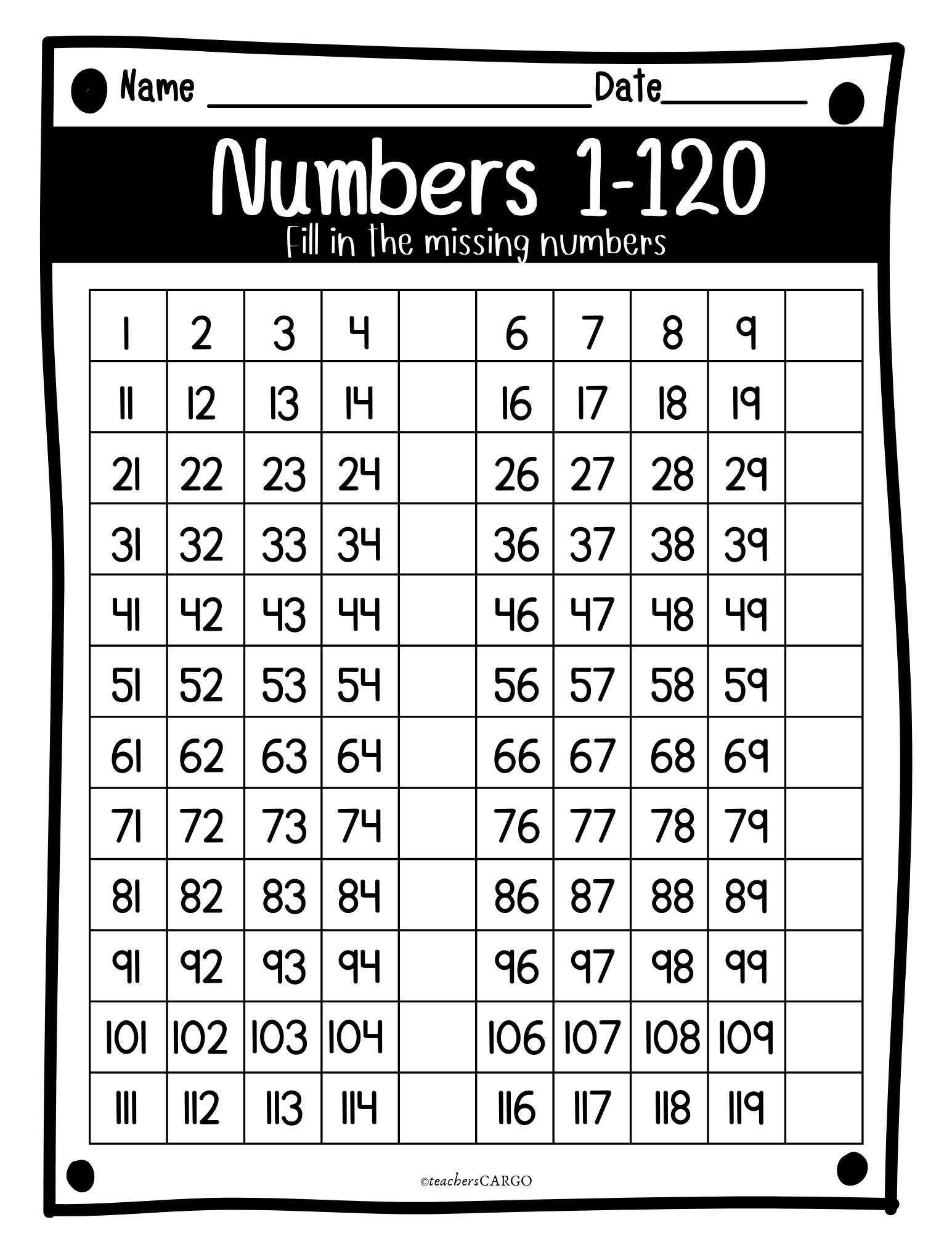 Missing Numbers To 120 Counting To 120 Worksheets 120 Chart And Blank Cha Made By Teachers