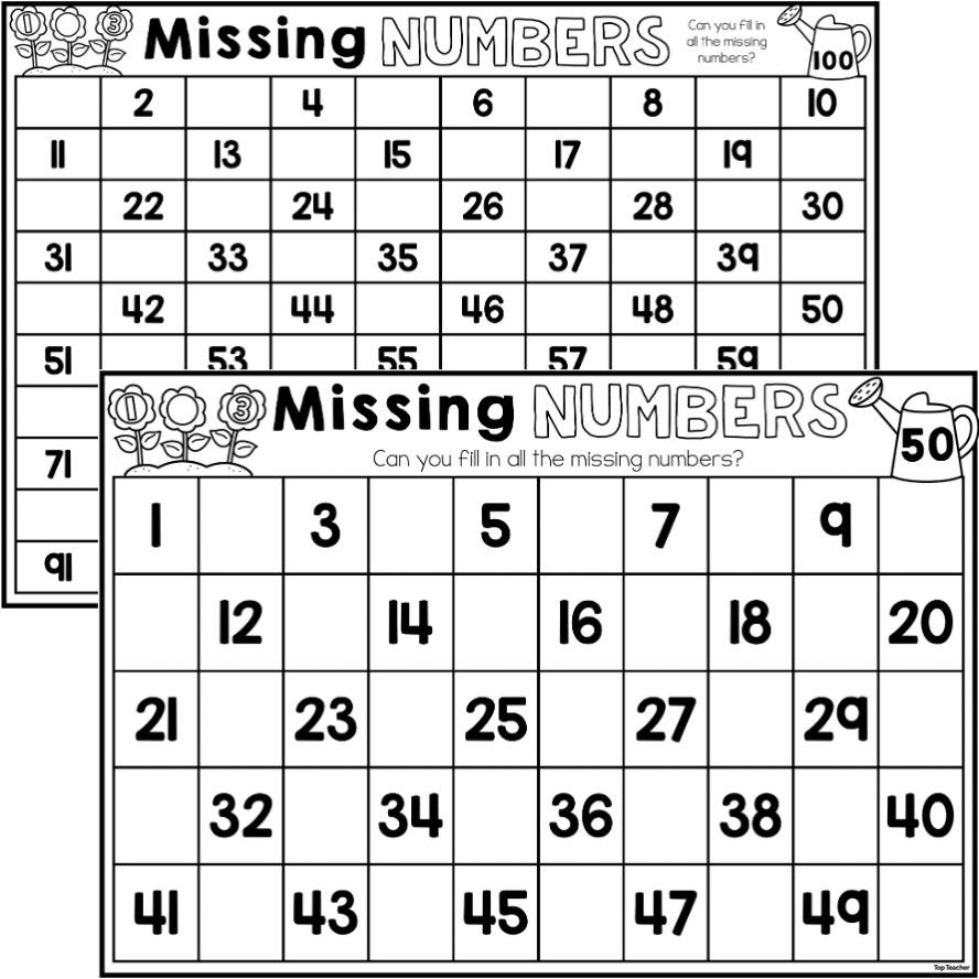 Missing Numbers To 50 100 Counting Worksheets Top Teacher