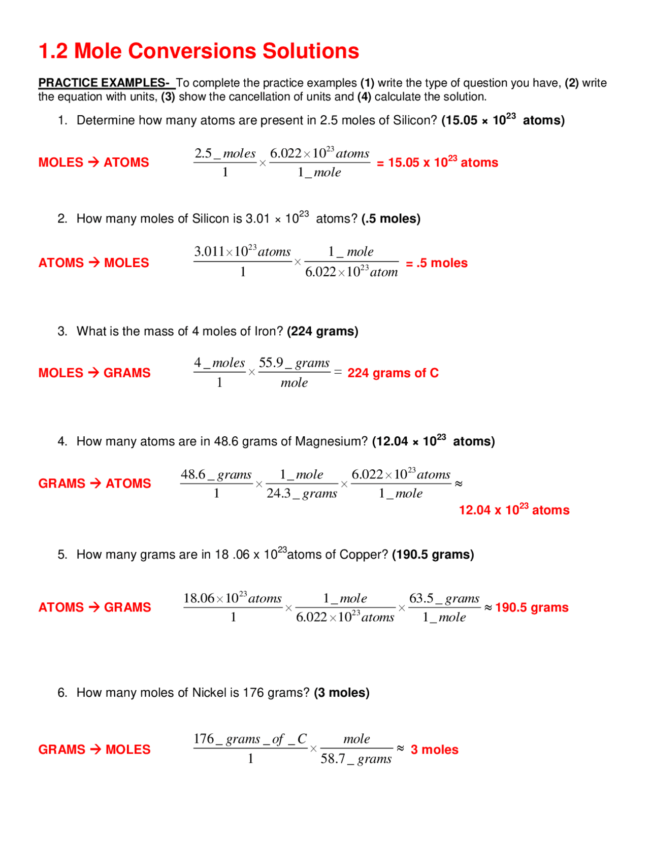 Conversions Between Grams Moles Atoms And Molecules A Chemistry Worksheet Made By Teachers