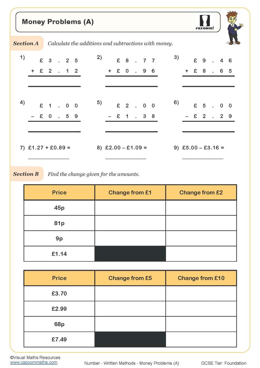 Money Problems A Worksheet Printable PDF Worksheets