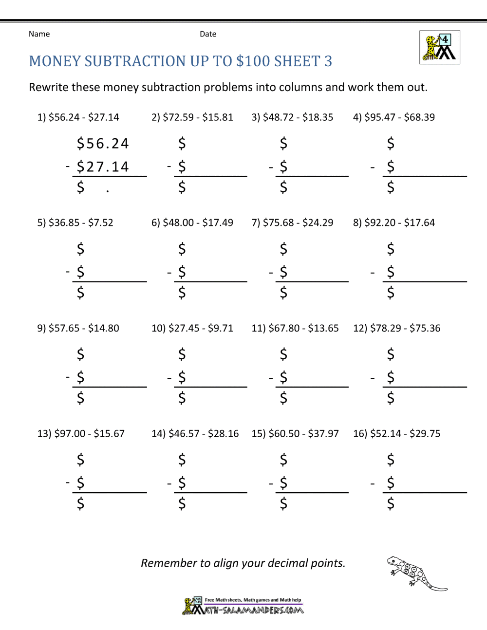 Adding And Subtracting Money Worksheets