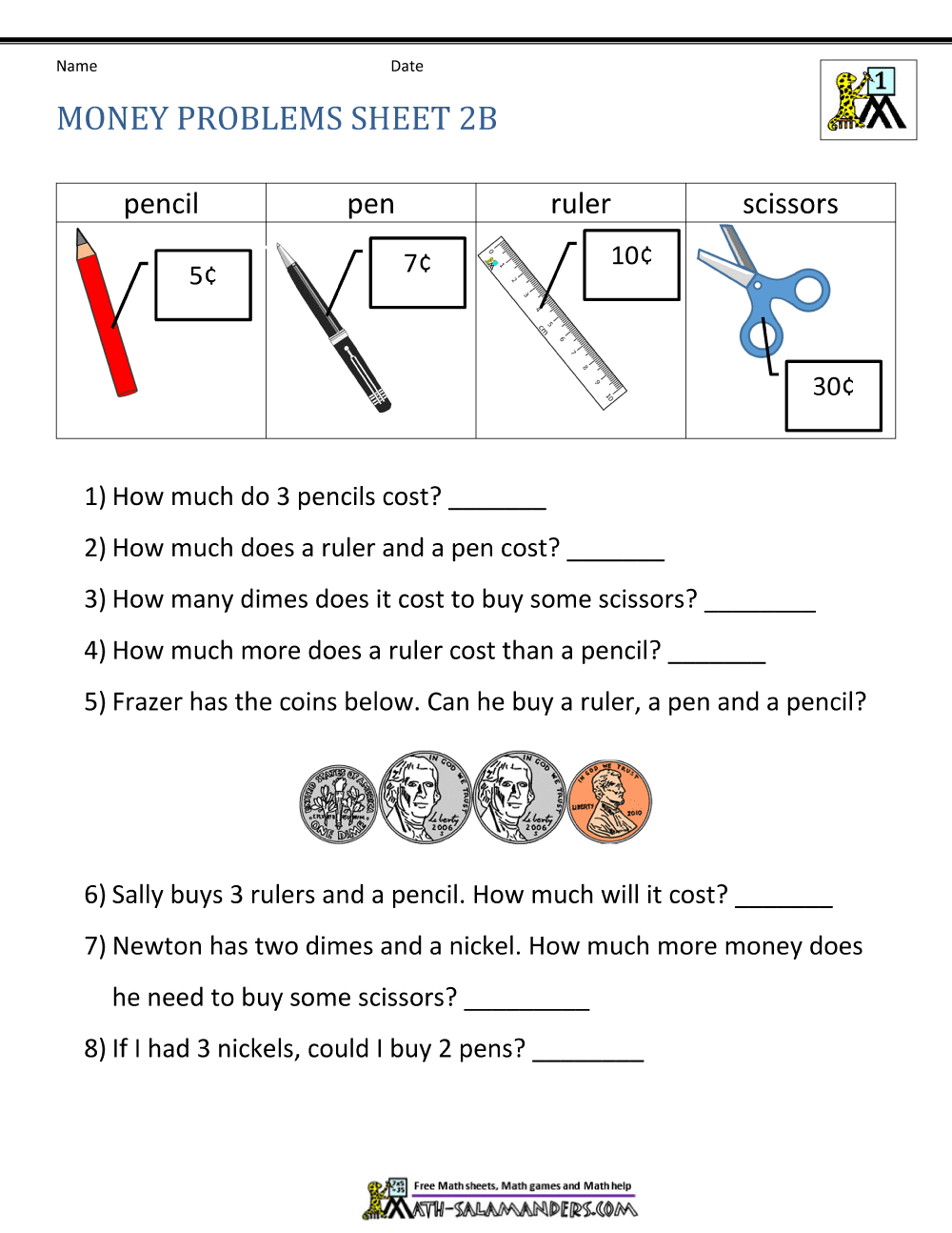 Money Worksheets For First Grade