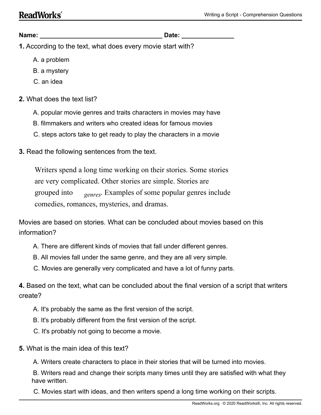 Movie Scriptwriting Filmmaking Comprehension Worksheet Movie Scriptwriting Filmmaking Comprehension Worksheet