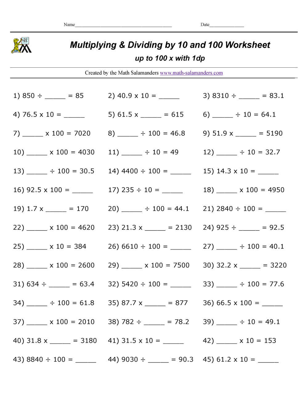 Multiply And Divide By 10 100 Mixed Multiplication Facts 1 12 Timed Tests Worksheets Etsy