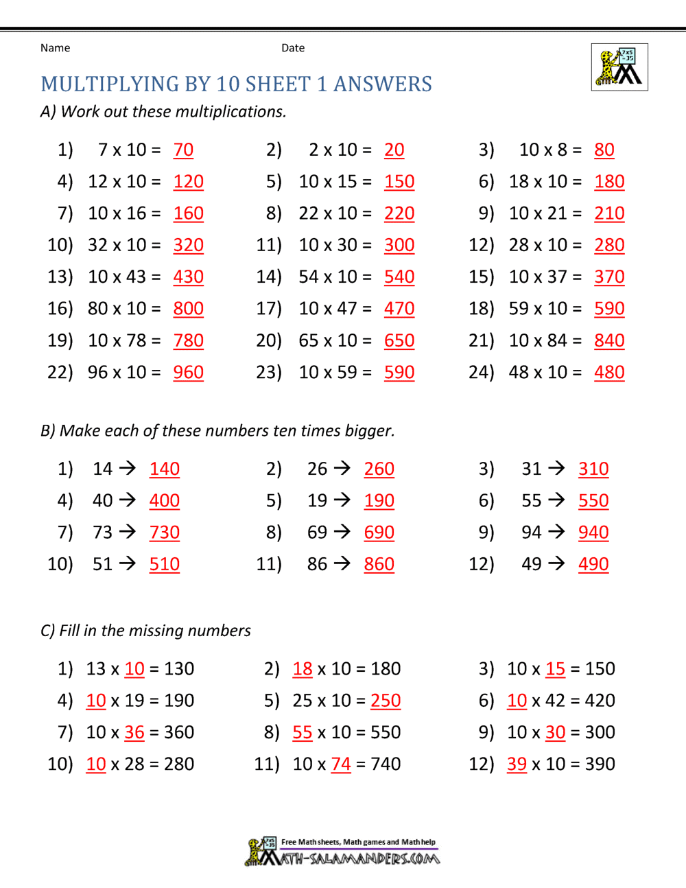 Multiplying By 10 And 100 Worksheets