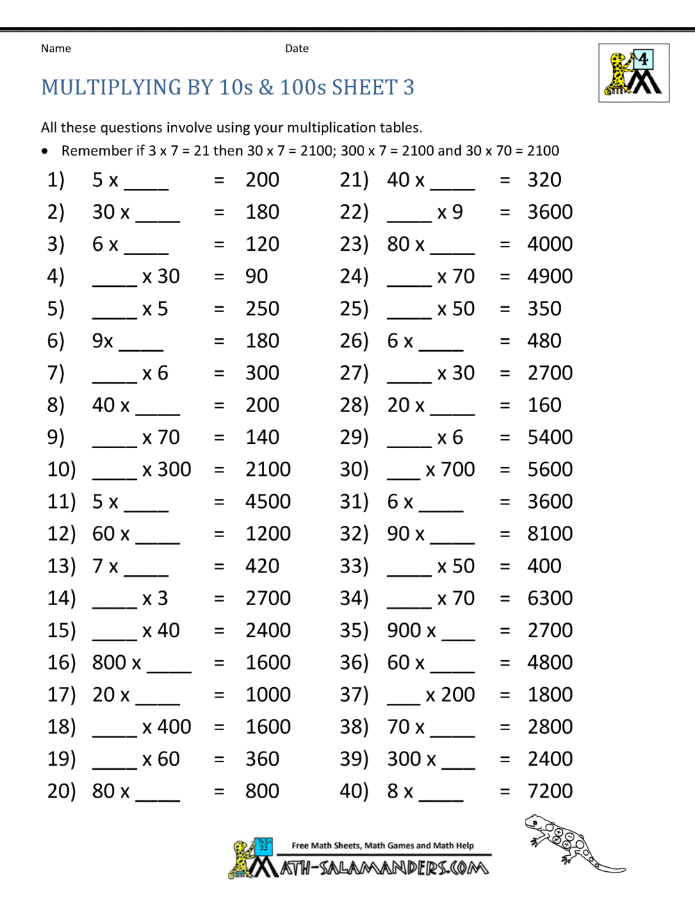 Multiplying By Multiples Of 10 And 100