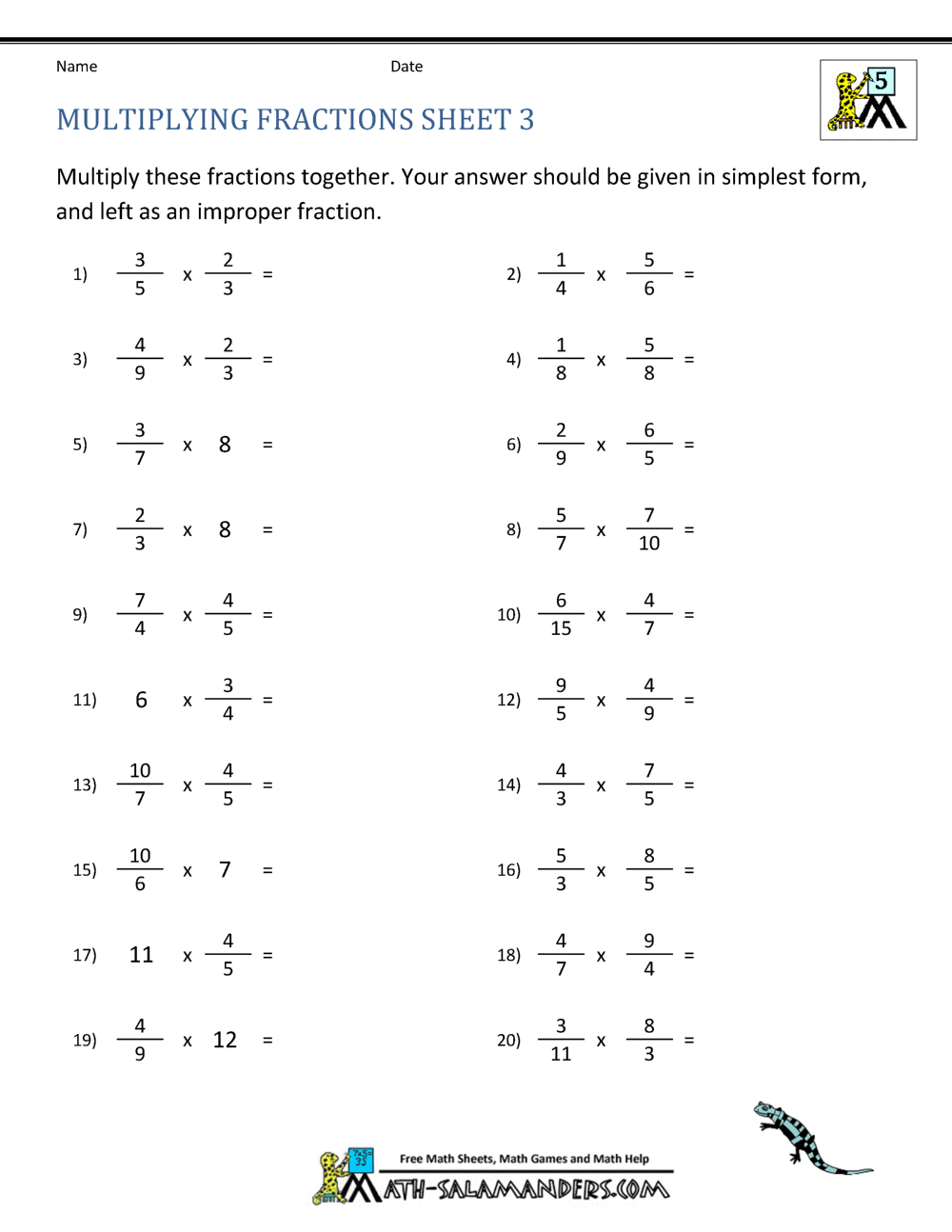 Multiplying Fractions Worksheet