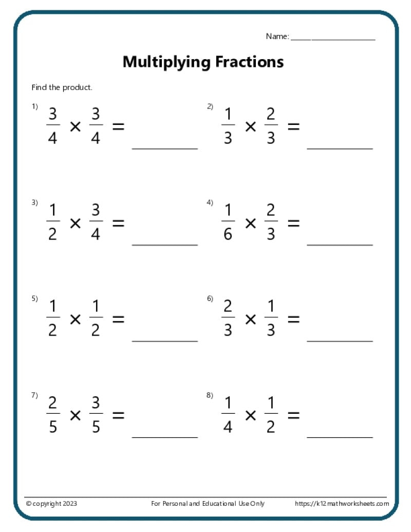 Multiplying Fractions Worksheet