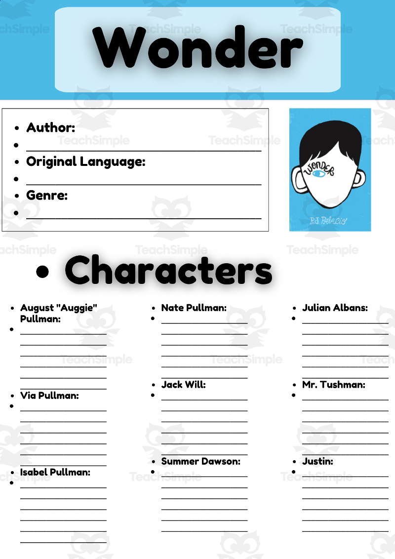 Novel Study Worksheets On Wonder By R J Palacio By Teach Simple