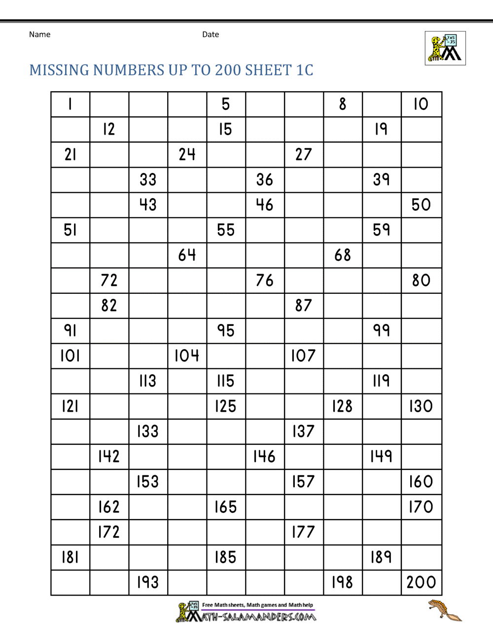 Number Grid Up To 200