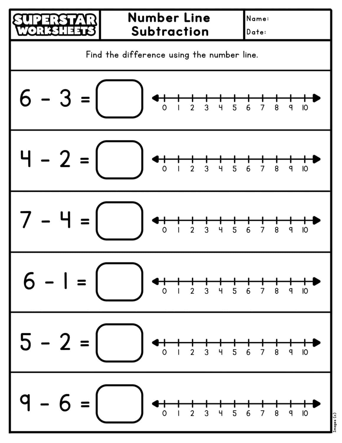 Number Line Subtraction Superstar Worksheets