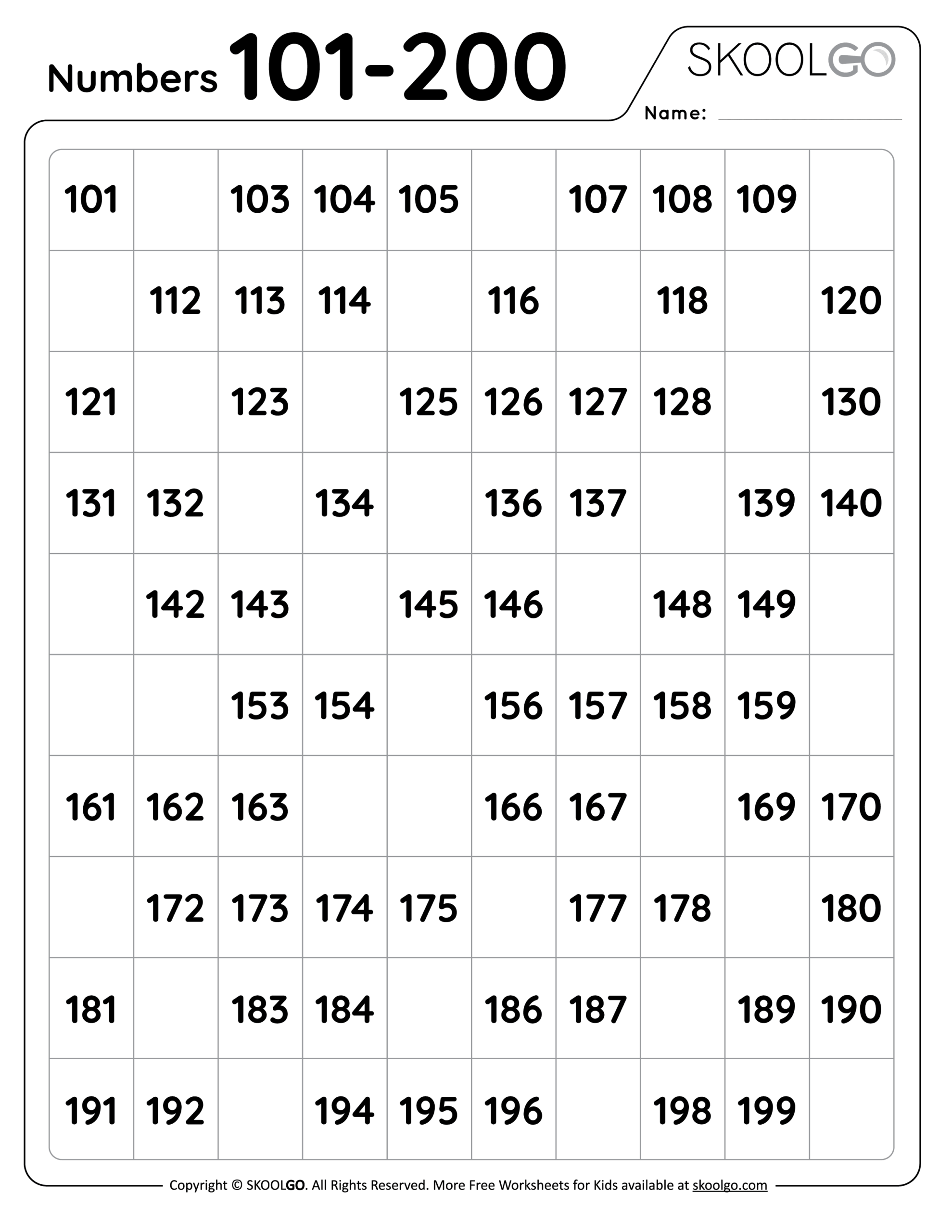 Number Grid Up To 200