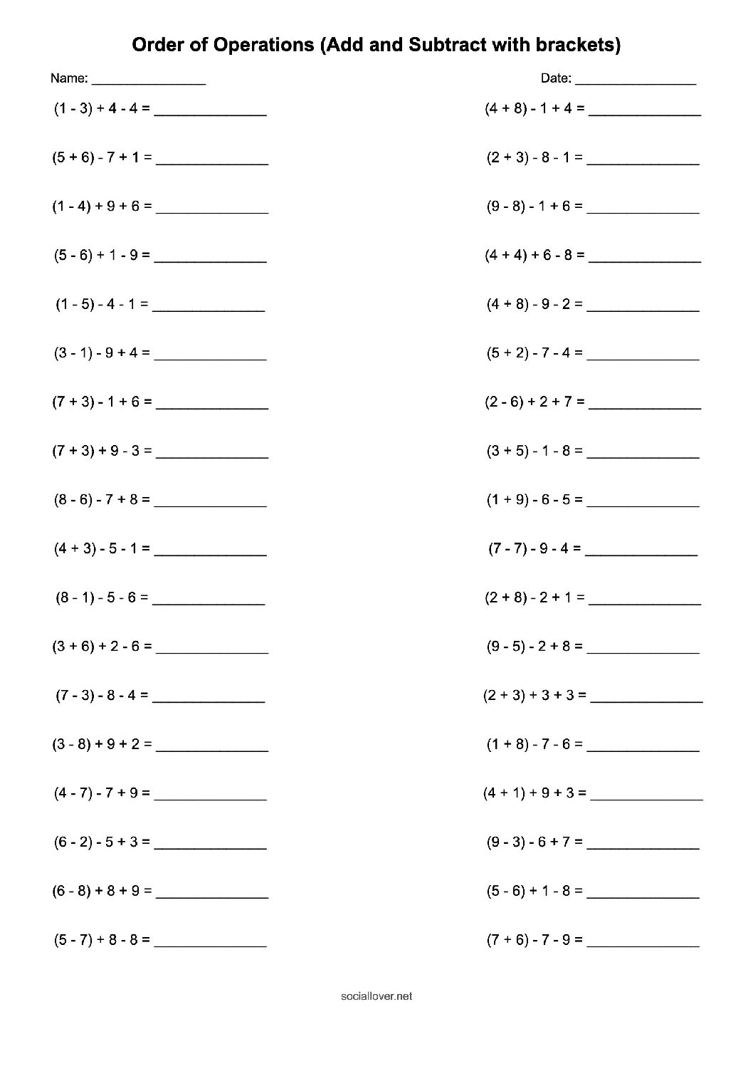 Order Of Operations 4 Numbers Worksheets Add Subtract With Bracket