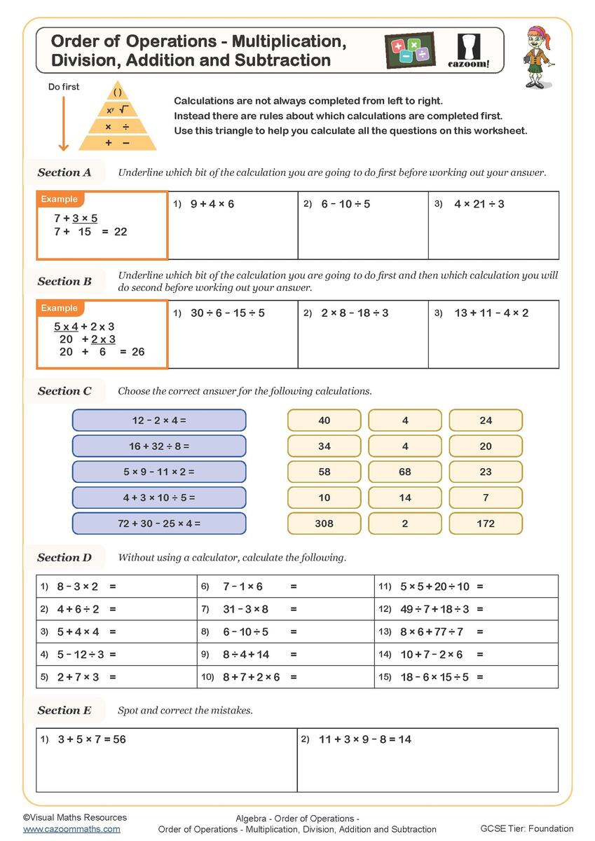 Order Of Operations Multiplication Division Addition And Subtraction Worksheet Fun And Engaging PDF Worksheets