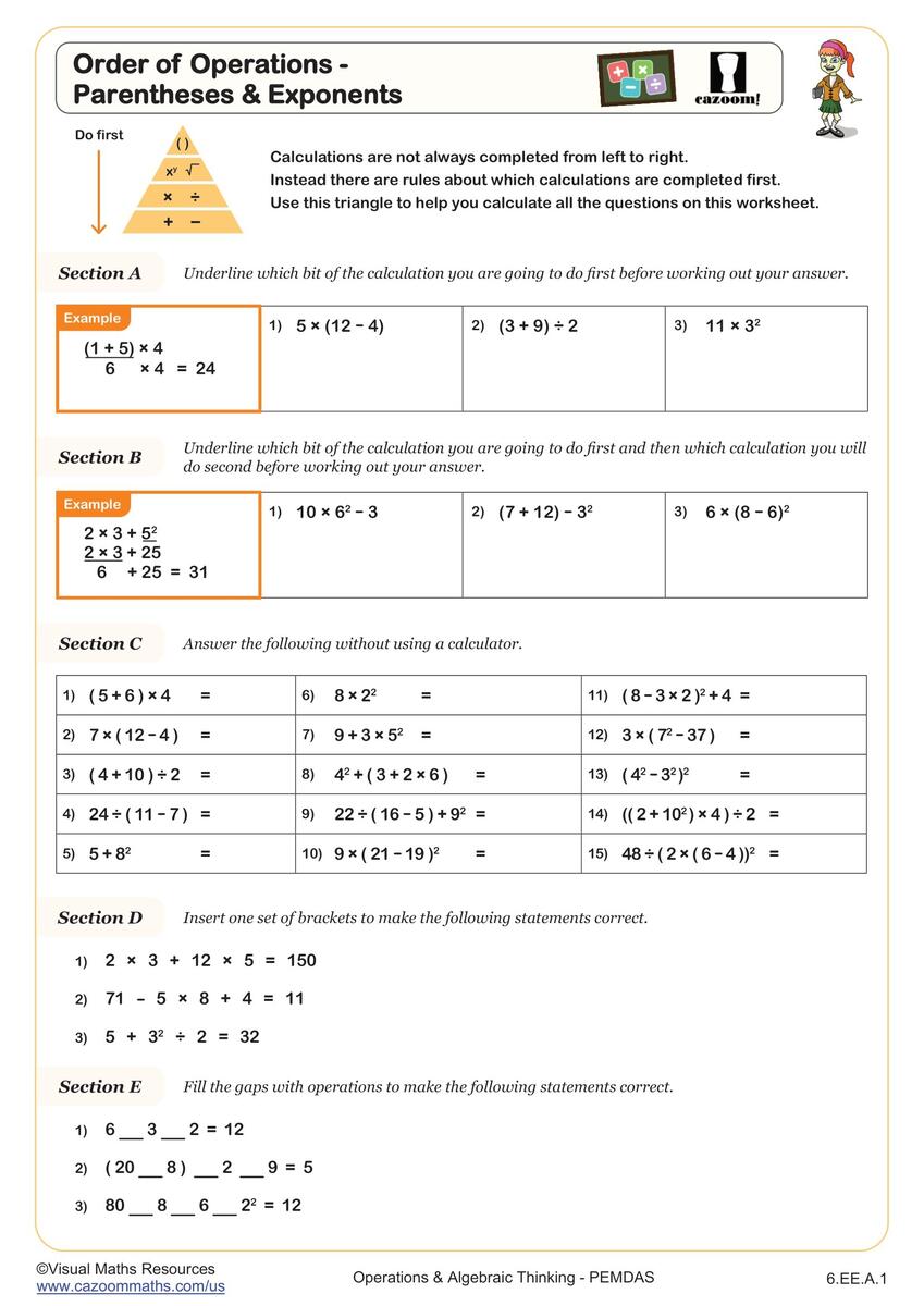 Order Of Operations Parentheses Exponents Worksheet 6th Grade PDF Worksheets Cazoom Math