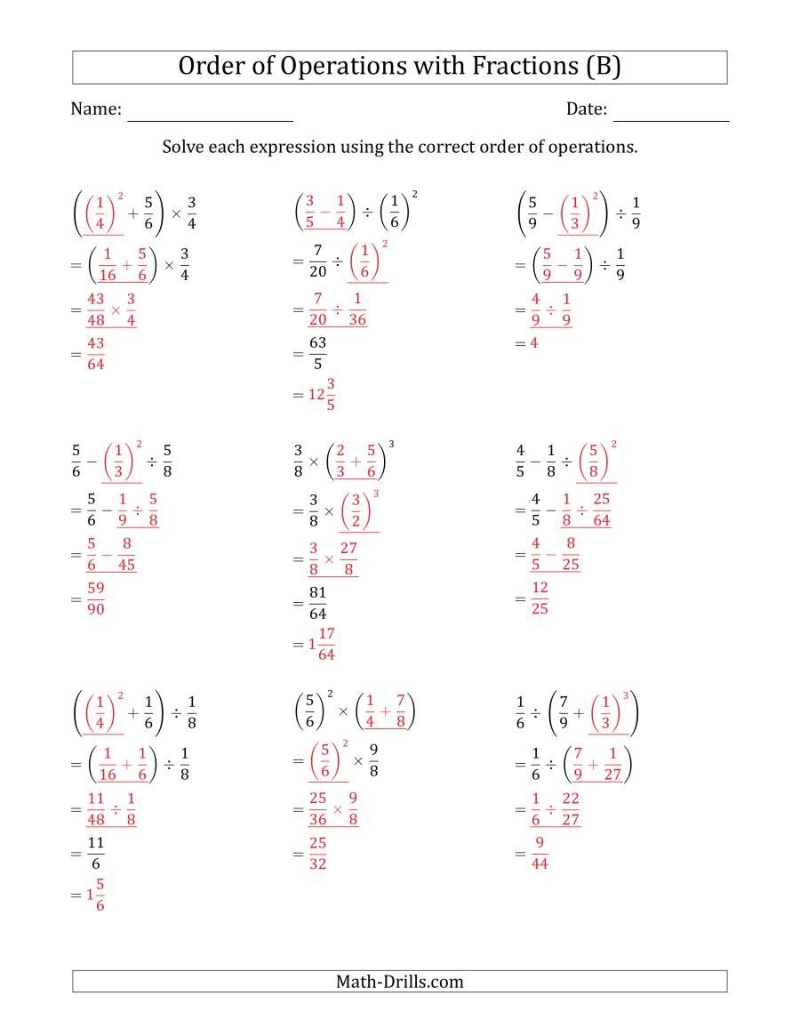 Order Of Operations With Positive Fractions Five Steps A Order Of Operations With Positive Fractions Five Steps A